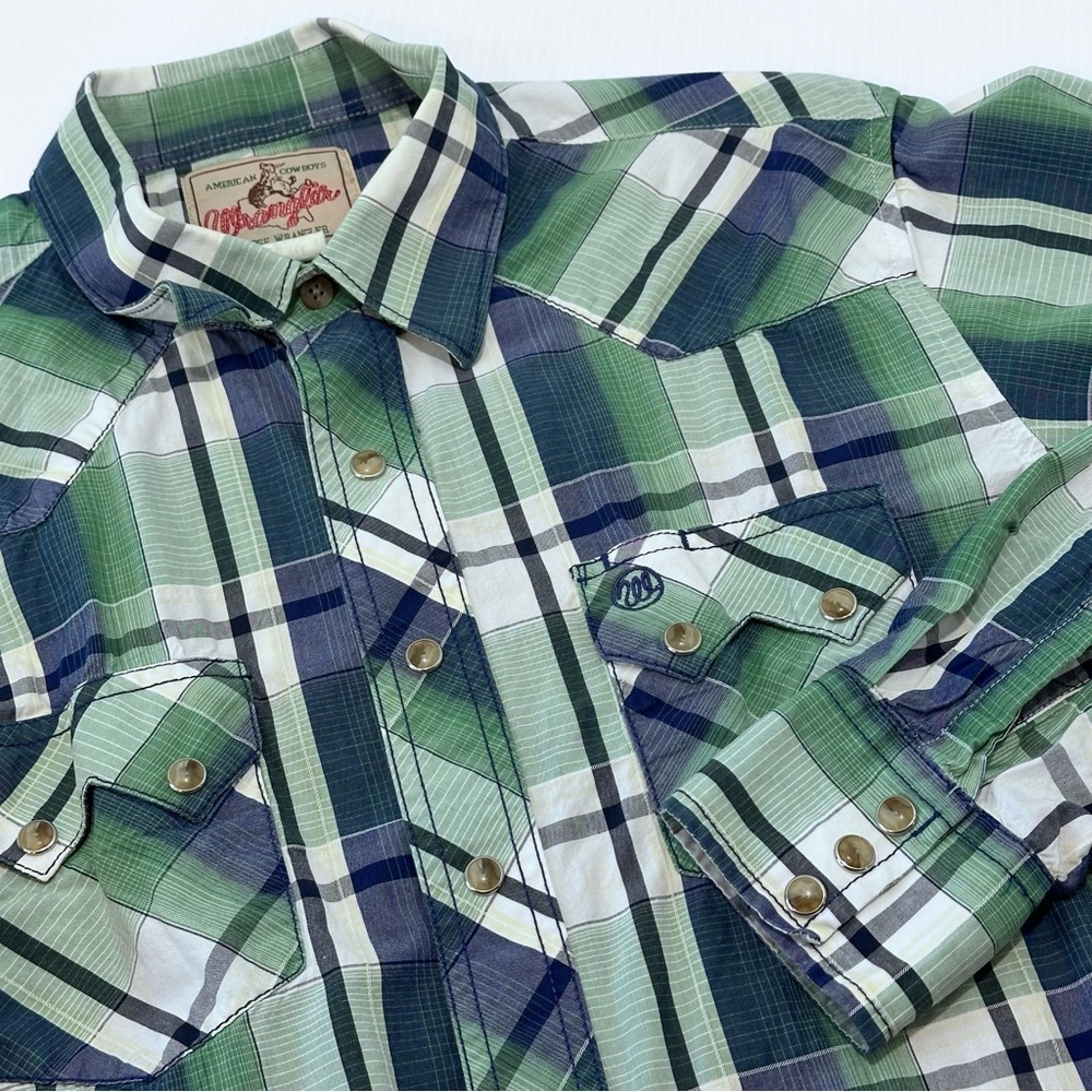 Wrangler Western Pearl Snap Shirt Men M American Cowboys Plaid Chest Pockets Vtg